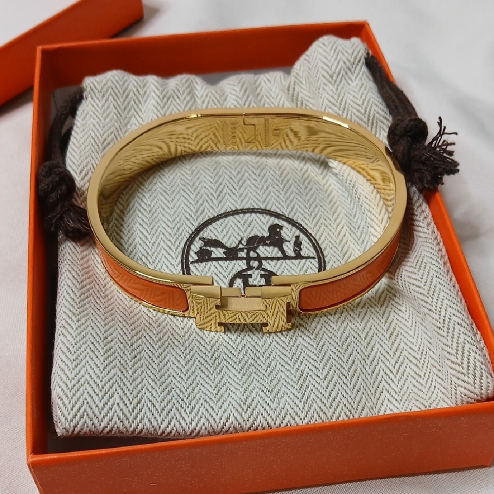 Hermes Gold-Tone H Bracelet with Orange Enamel - Picture 5 of 5